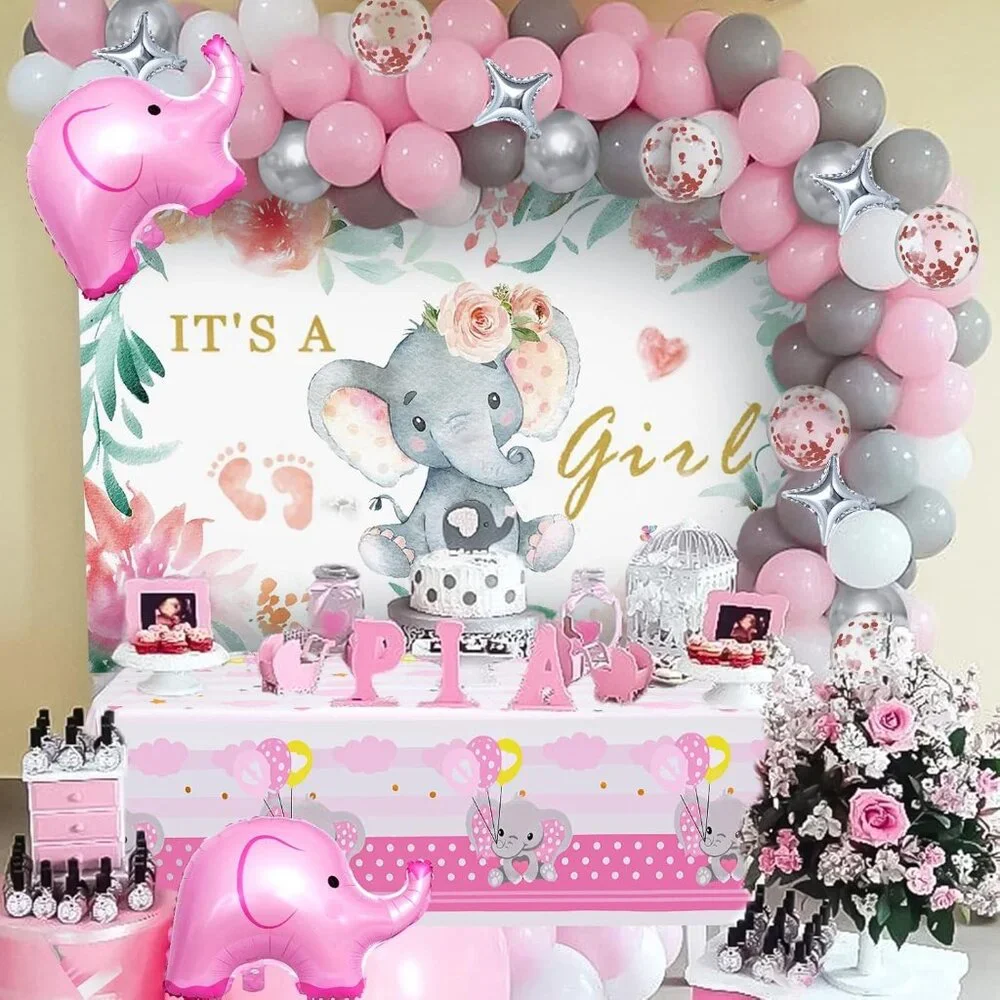 Pink Girls Baby Shower Decoration Set, Balloons, Backdrop, Tablecloth
